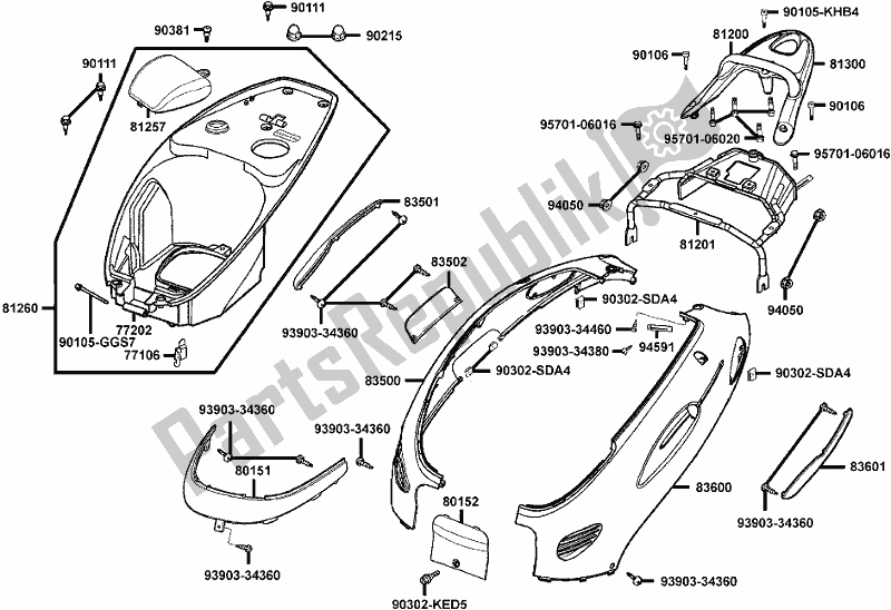 Alle onderdelen voor de F12 - Body Cover/ Luggage Box van de Kymco BA 30 AA AU -People 150 30150 2005